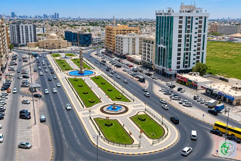 Aerial view of Clock Tower Roundabout at Al Zahra Square, Sharjah