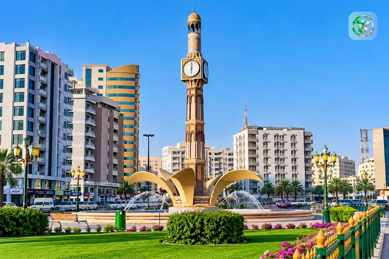 Clock Tower Sharjah with its ornate design, fountains and landscaped gardens
