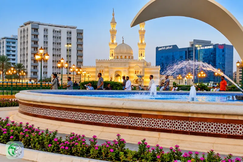 Fountain and mosque at Al Zahra Square near Clock Tower Sharjah