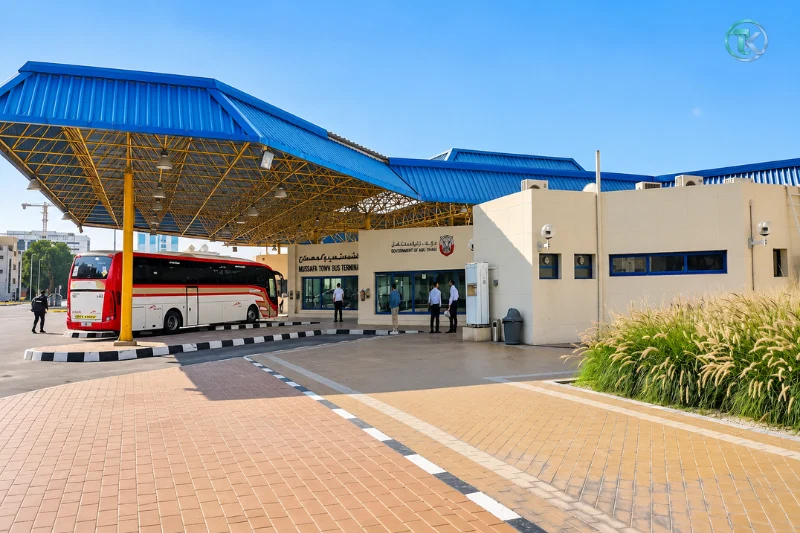 Musaffah Bus Station entrance with bus and passenger facilities