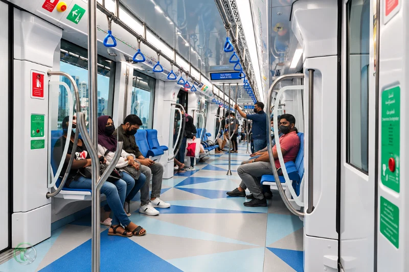 Passengers travelling inside a Dubai Metro Green Line train near Salah Al Din Station