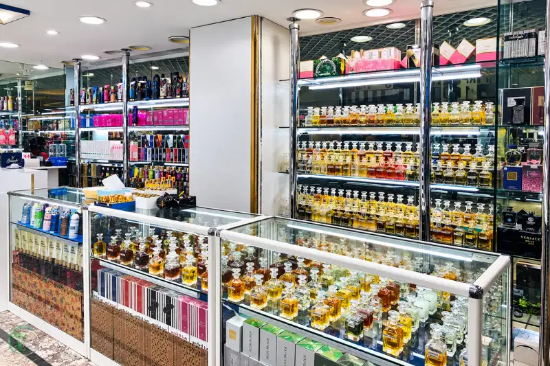 Perfume shop inside Hamdan Centre with fragrance bottles and branded displays