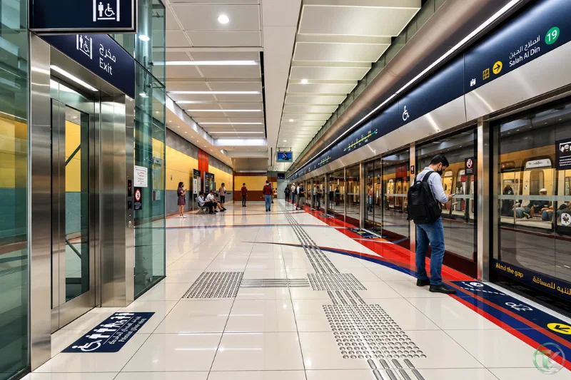 Salah Al Din Metro Station Green Line platform with passengers and train access