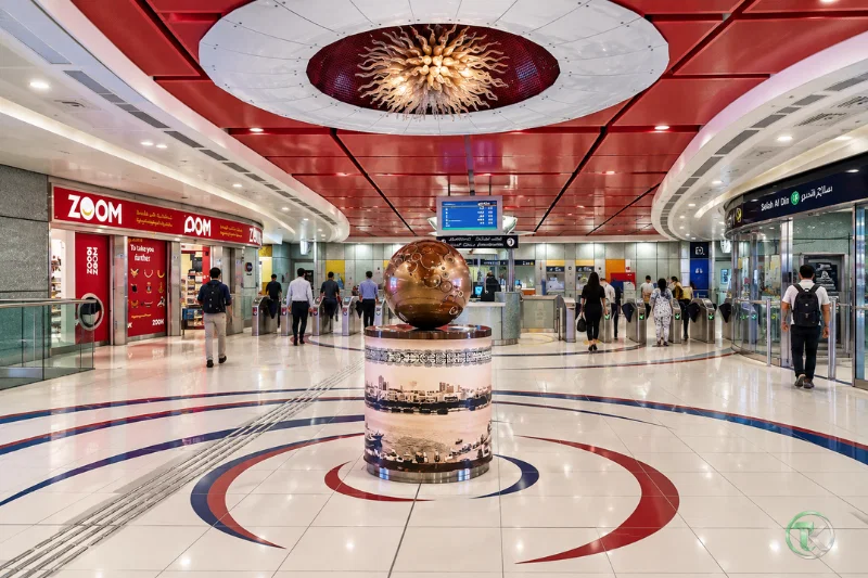 Salah Al Din Metro Station concourse with ticket gates, shops and passenger facilities