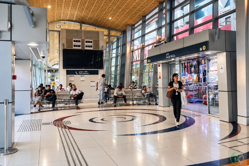 Salah Al Din Metro Station interior with passenger seating and station exit access