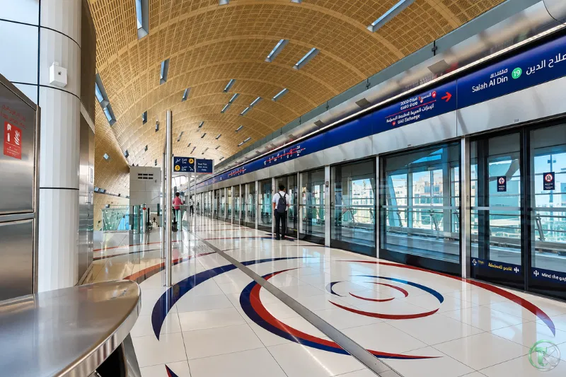 Salah Al Din Metro Station platform with Red Line connection signage
