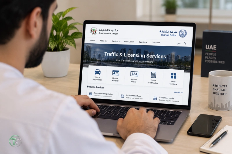 Using Sharjah Police online traffic and licensing services on a laptop