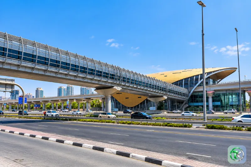 Al Fardan Exchange Metro Station elevated walkway and Red Line station on Sheikh Zayed Road, Dubai