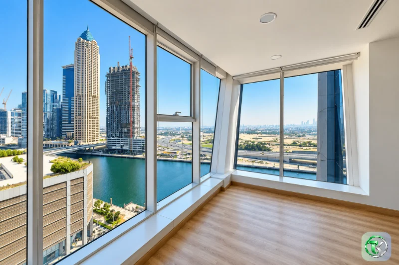 Al Manara Tower office interior with panoramic Dubai skyline views