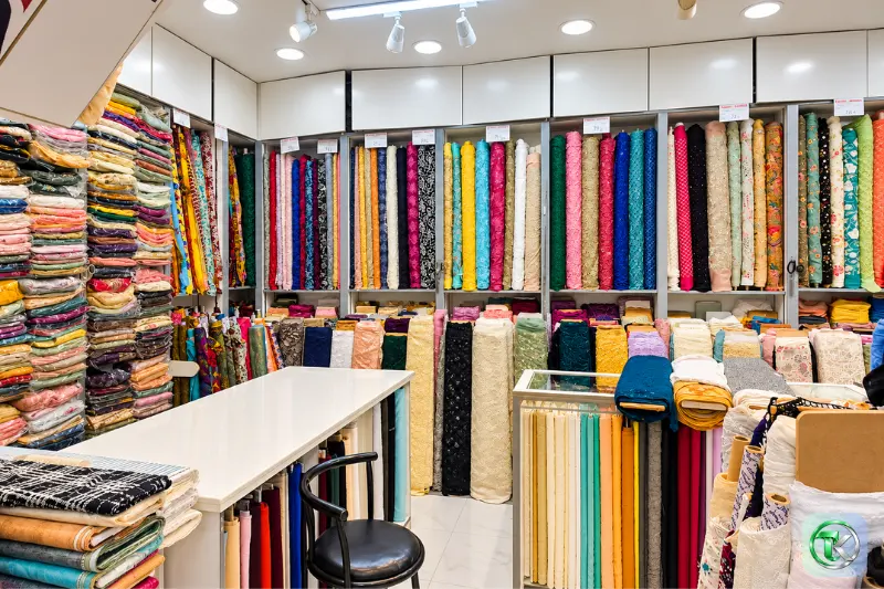 China Mall Ajman fabric shop with colorful textiles and lace materials