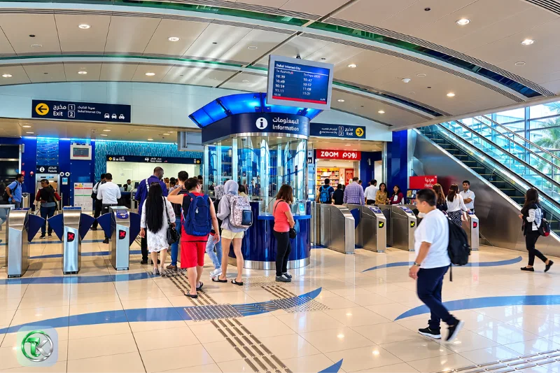 Dubai Internet City Metro Station interior with ticket gates and passenger information desk