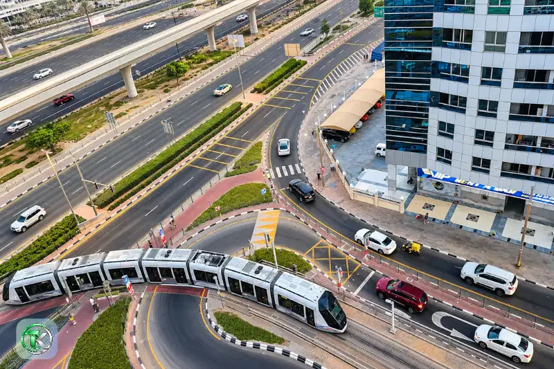 Dubai Marina tram and road network near Al Zarooni Building