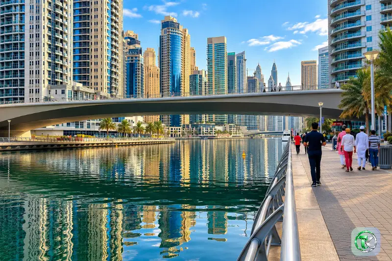 Dubai Marina waterfront promenade with pedestrian walkway and surrounding high-rise buildings