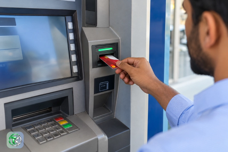 Employee inserting a salary card into an ATM for balance enquiry