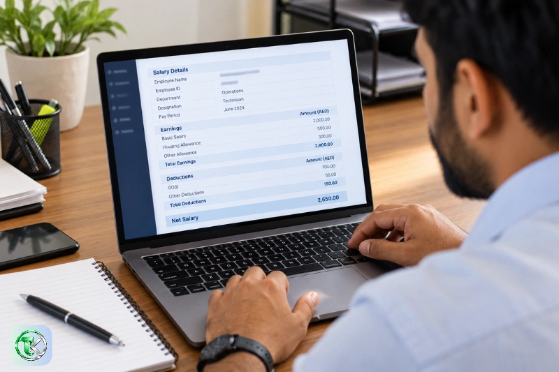 Employee reviewing salary payment records on a laptop
