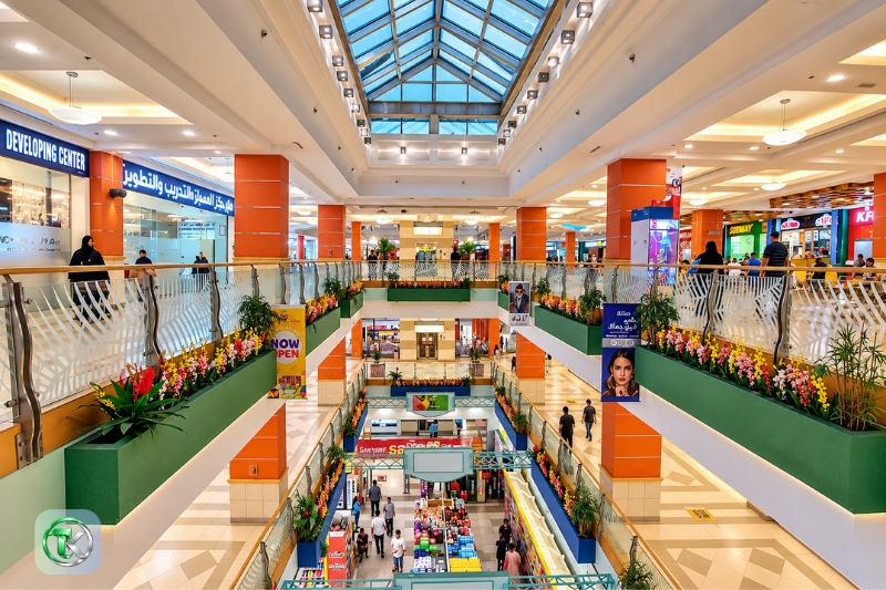 Mazyad Mall interior atrium with multi-level shops, glass railings and floral displays