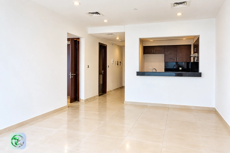 Modern apartment interior with open kitchen at The 9 Tower, Business Bay, Dubai