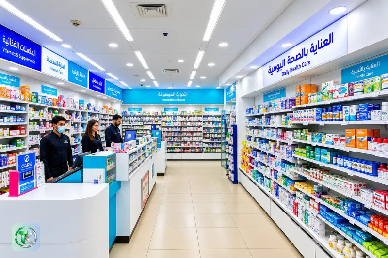 Pharmacy shelves stocked with medicines and healthcare products inside Rolla Mall Sharjah